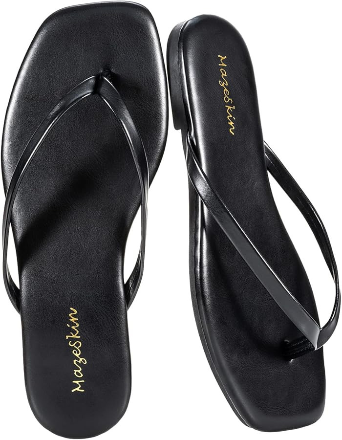 mazeskin Womens Flip Flops Vegan Leather Memory Foam Square Toe Flat Sandals Summer Beach Slides | Amazon (US)