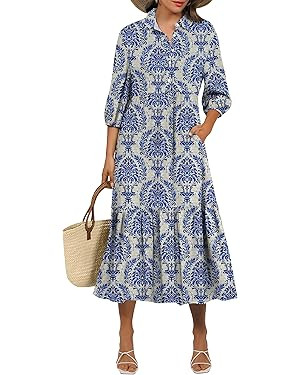 ANRABESS Women Summer Dress 2025 3/4 Puff Sleeve Polo V Neck Floral Print Casual Boho Shirt Maxi ... | Amazon (US)