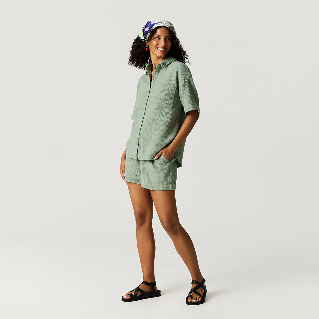 Solids Green Short Sleeve Soft Jade Women's Cotton Crinkle Short Set | Posh Peanut® | Posh Peanut