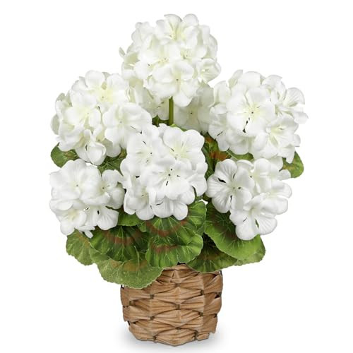 Briful Artificial Geraniums Flowers Potted Plant - 13.7'' Tall Faux White Silk Realistic Lush Geraniums Flowers in Basket, Indoor&Outdoor Decorative Plant, Farmhouse Home Porch Office Patio Table | Amazon (US)