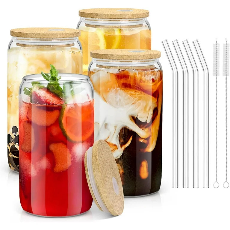 Glass Cups with Bamboo Lids and Straws 16oz Set of 4 Clear Glass Tumbler Iced Coffee Cups and Dri... | Walmart (US)