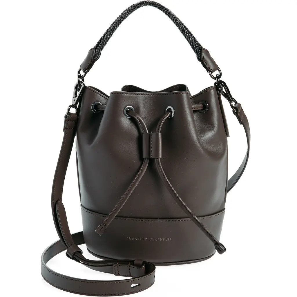 Brunello Cucinelli Monili Trim Leather Bucket Bag in C8279 Dark Brown at Nordstrom | Nordstrom