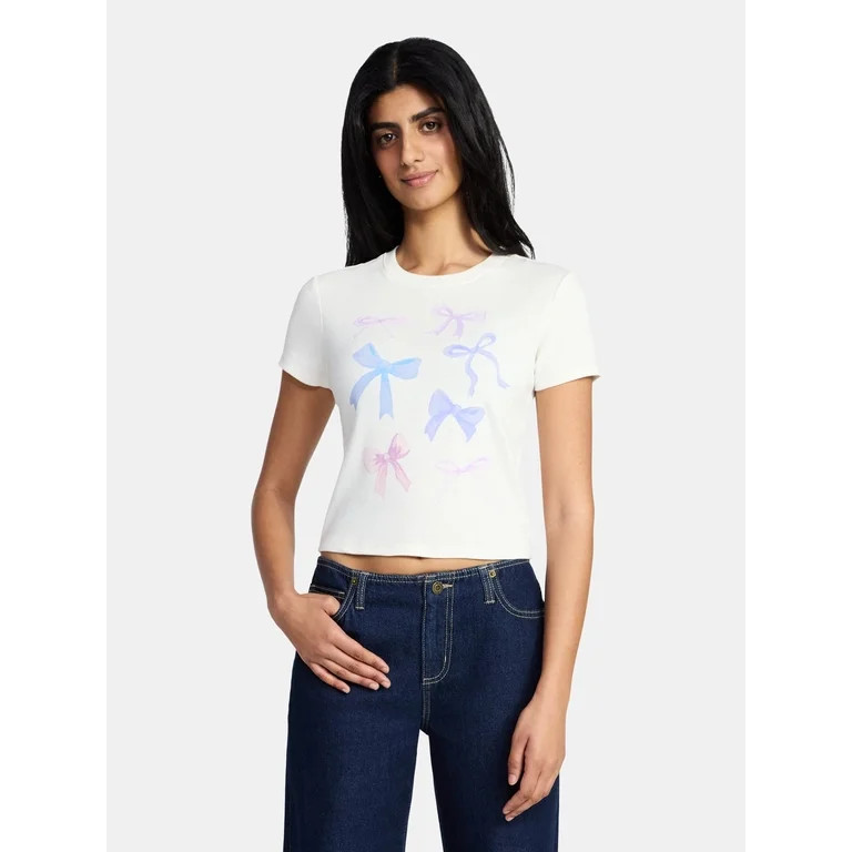 Bow Grid Watercolor Women's Graphic Baby Tee with Short Sleeves, Sizes XXS-XXL | Walmart (US)
