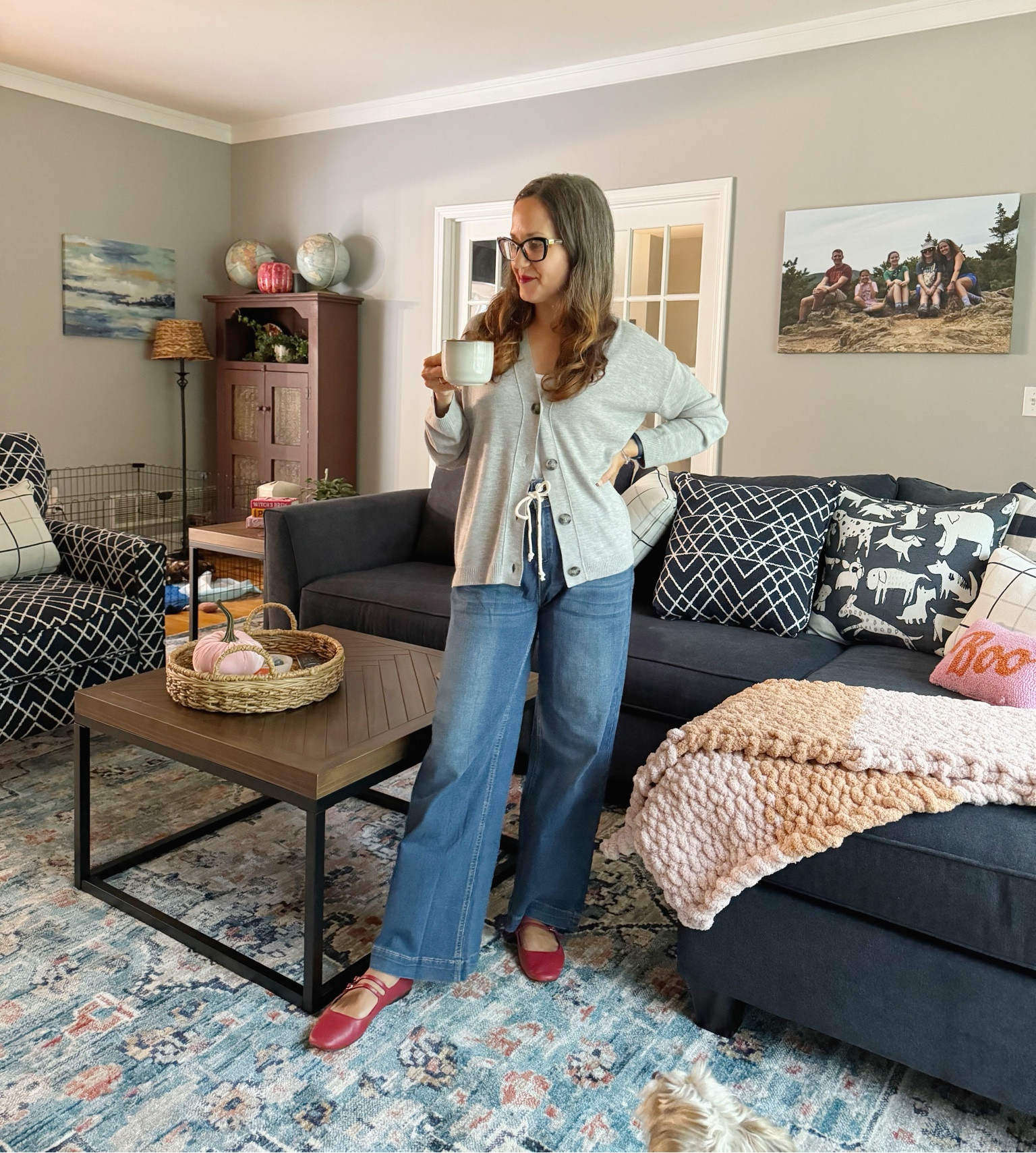 Family room refresh is finally done! This light cardigan from Nordstrom is heavenly and I am in love with these Amazon jeans! 👖 
Fall outfit | family room | coffee table, side table, rug and couches are all new. Painted the room back in May!

#LTKOver40 #LTKHome #LTKSeasonal