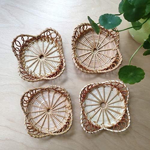 RISEON 4 PCS Vintage Rustic Hand-Woven Bamboo Rattan Coasters Drink Cupmats Table Placemats Retro Fl | Amazon (US)