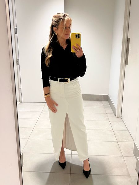 Work OOTD 4.17.2024

White denim maxi skirt - SNDYS. (Revolve) (linked similar too)
Black satin button-up shirt - Abercrombie 
Slingback heels - Nine West 
Belt - J Crew
Earrings - Amazonn

#LTKSeasonal #LTKworkwear #LTKshoecrush