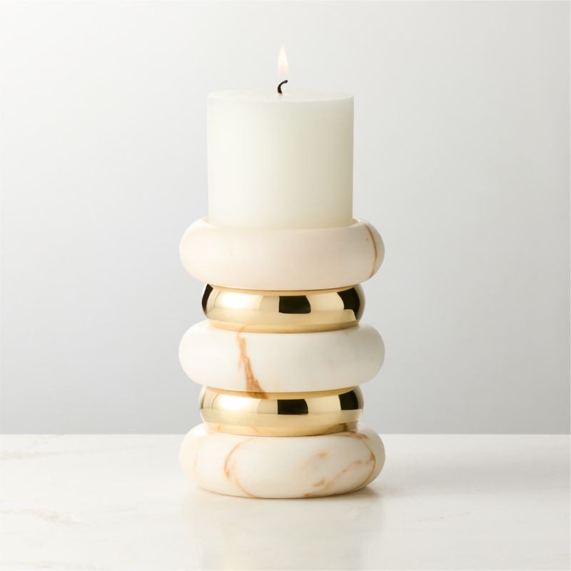 Band Golden Calacatta Marble And Unlacquered Brass Pillar Candle Holder Small | CB2 | CB2