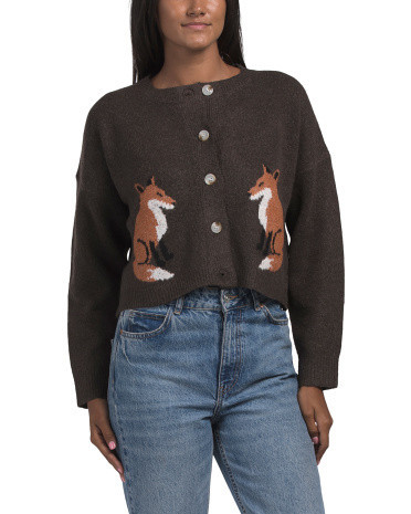 Mirrored Fox Crew Neck Cardigan, Spandex/Polyester/Acrylic | TJ Maxx