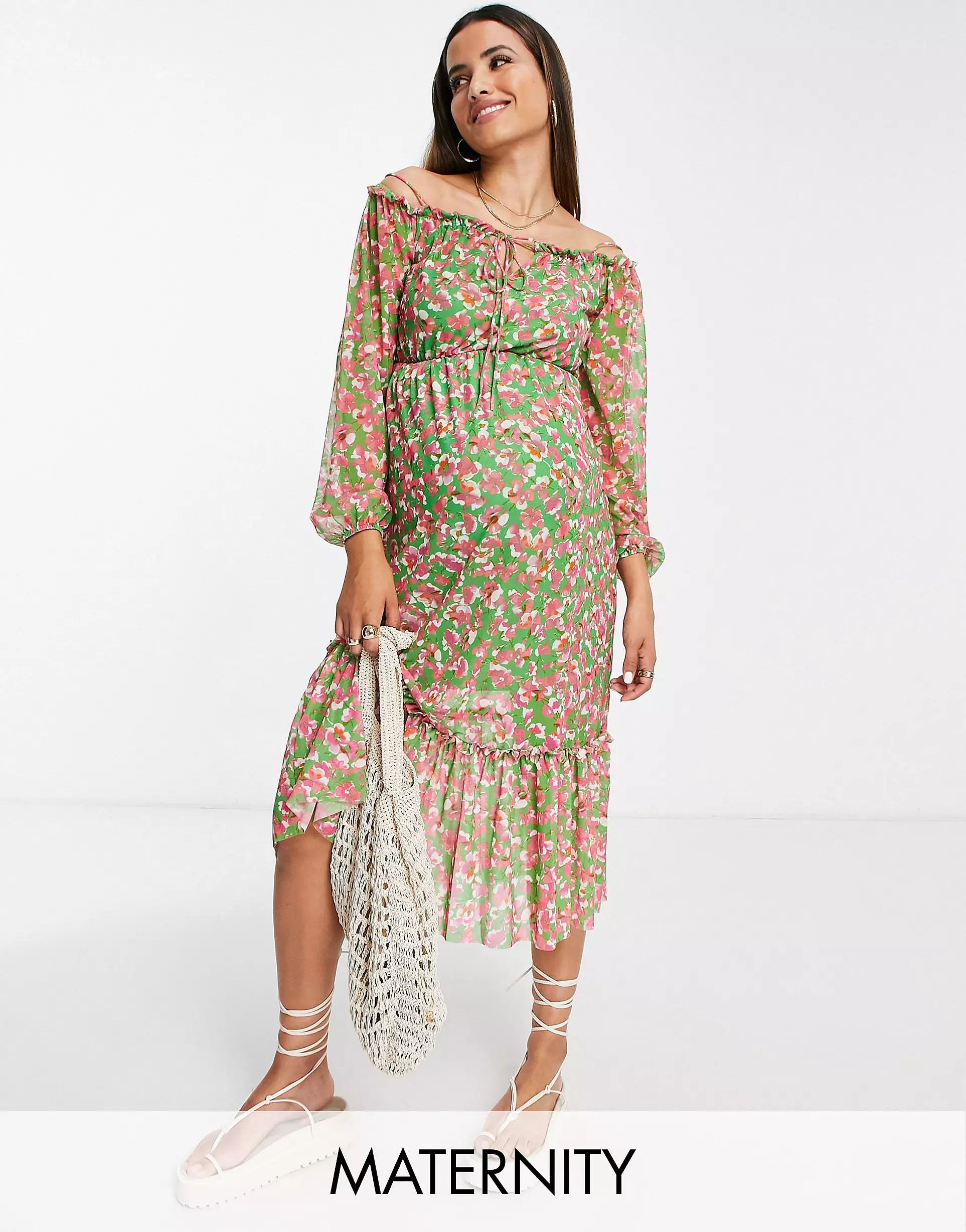 River island Maternity bardot midi dress in green floral | ASOS (Global)