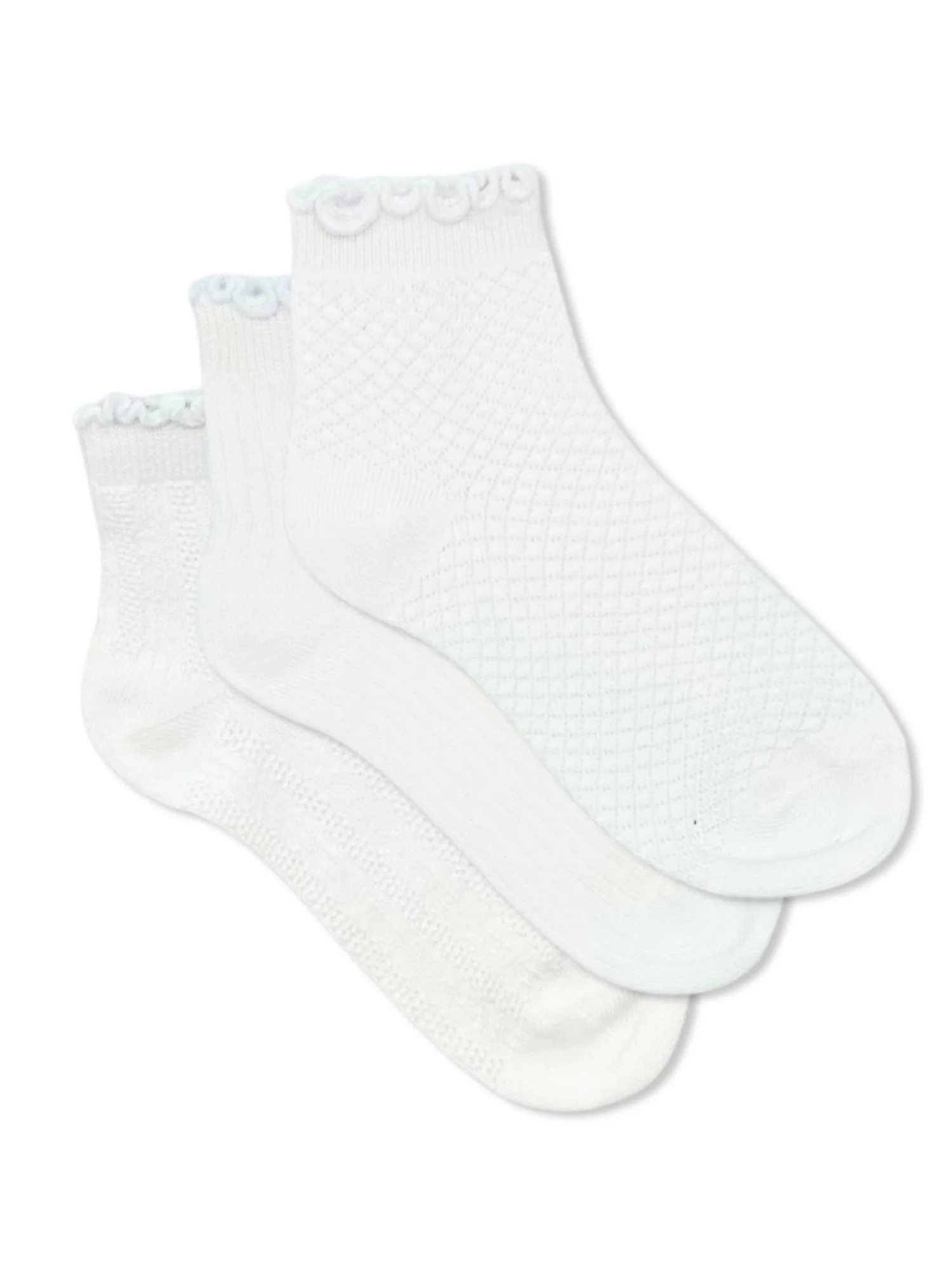Wonder Nation Girls' Textured Lettuce Edge Ankle Socks, 3-Pack, Sizes S-L - Walmart.com | Walmart (US)