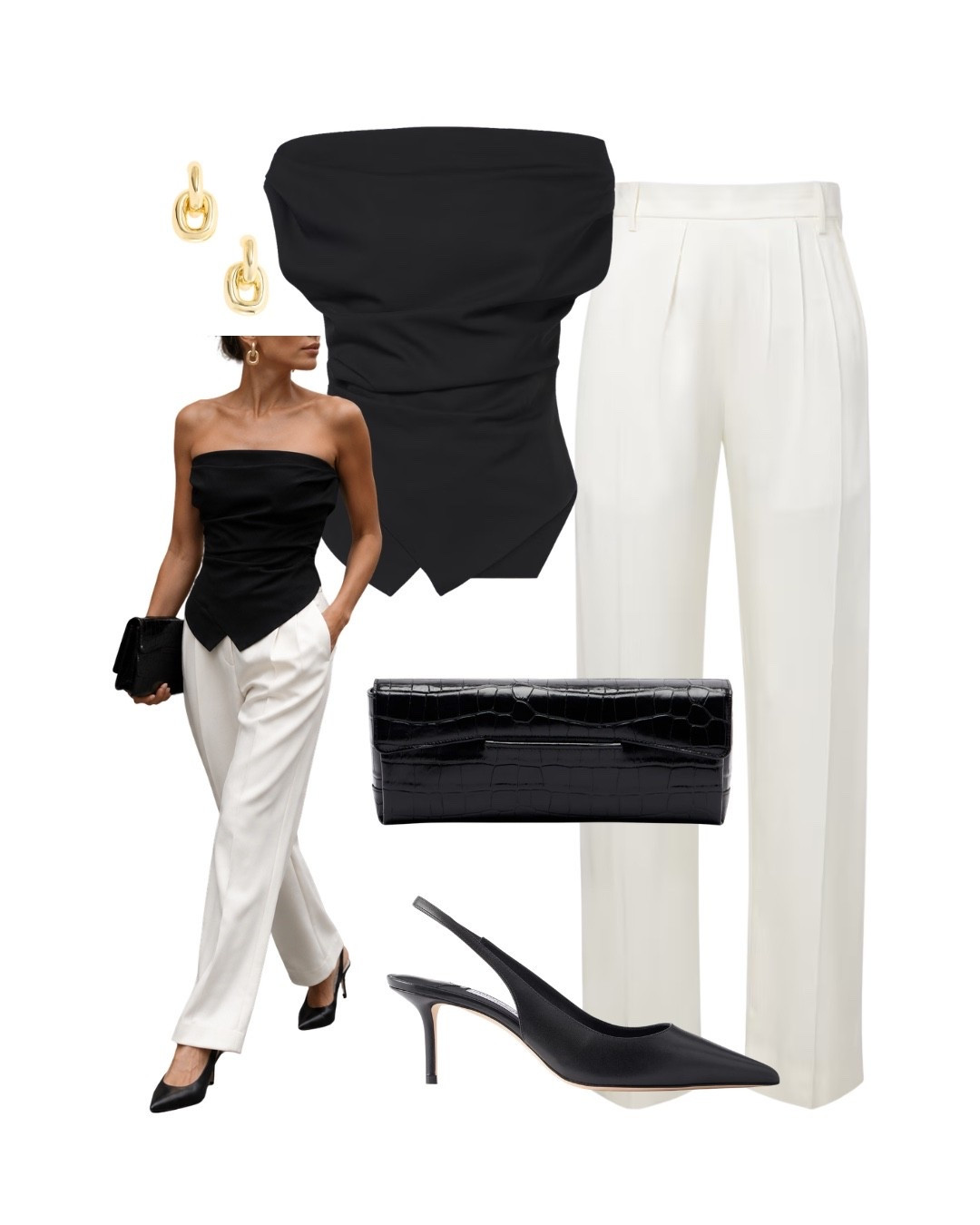 Black + ivory will always look chic. 🖤🤍 An easy polished look for dinner, work events and everything in between.

black and white outfit, ivory trousers, black strapless top, tailored trousers, chic outfit, classy outfit, elevated basics, minimalist style, dinner outfit, date night outfit, work event outfit, black slingback heels, black clutch, gold earrings, timeless style, sophisticated outfit, neutral outfit, polished style

#LTKootd #LTKOver40