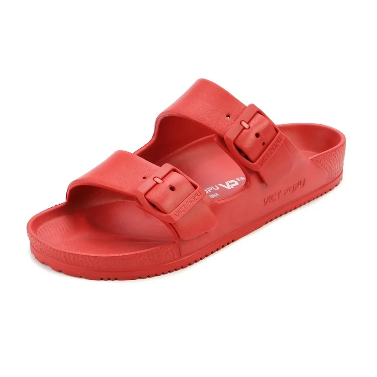 VICT POPU Womens Sandals Adjustable Double Buckle Strap Waterproof EVA Flat Slides，Red,Sizes 6 | Walmart (US)