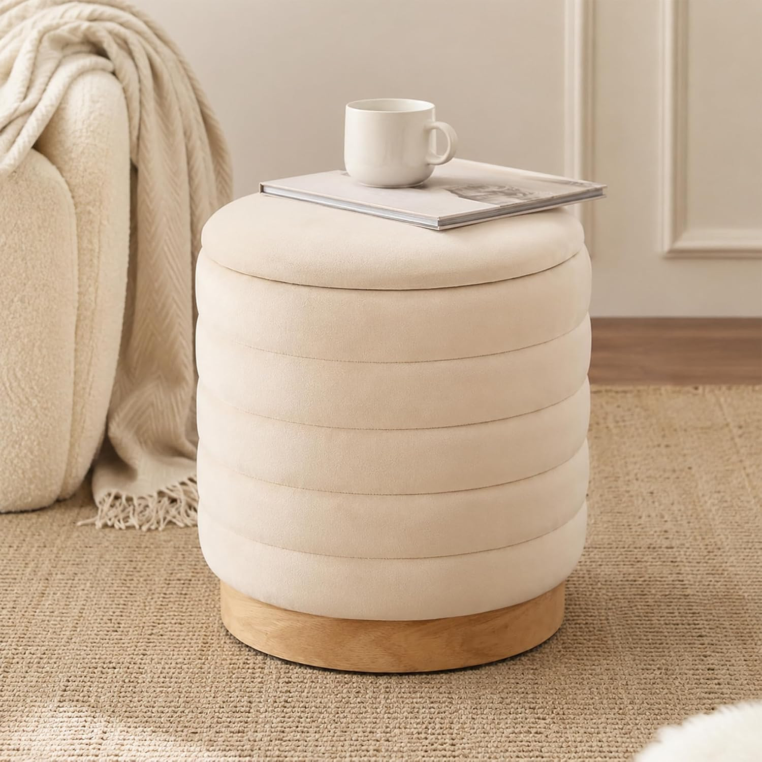JHY DESIGN Round Ottoman with Storage, 16.5" H Velvet Footstool with Removable Lid & Solid Wood Base – Padded Seat Storage Ottoman for Bedroom, Living Room, Vanity(Cream) | Amazon (US)