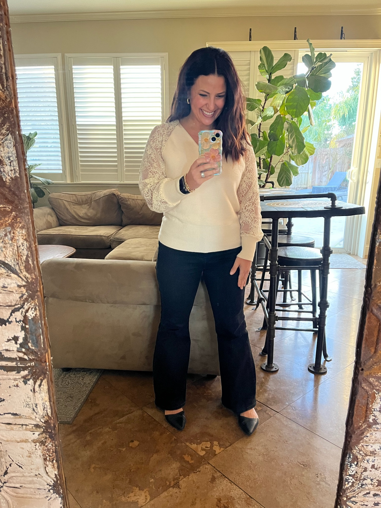 Easy winter work wear outfit. Wearing small in this sweater with lace sleeves. My flats have memory foam and are $20. My flared jeans are nearly sold out and on sale. I’m wearing a 27 short.

Teacher outfit 
Petite style
Winter ootd

#LTKWorkwear #LTKOver40 #LTKPetite
