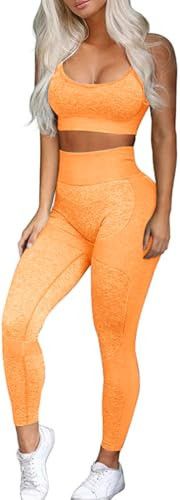 OLCHEE Women’s Workout Sets 2 Piece - Seamless Yoga Leggings and Cross-Strap Sports Bra Gym Outfits Activewear Matching Set - Orange Large | Amazon (US)