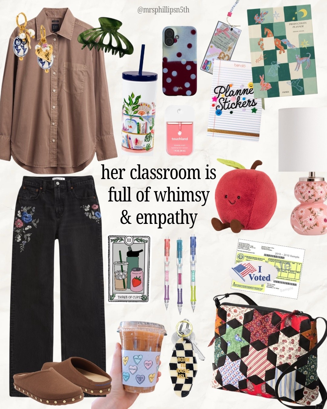 teacher ootd moodboard 🧋✨💻
-keychain is from StrangeWays.com
-planner is Daydreaming Productivity Planner from Papier.com
-phone case is from TheDairy.com

#LTKdayinmylife #LTKSaleAlert #LTKootd