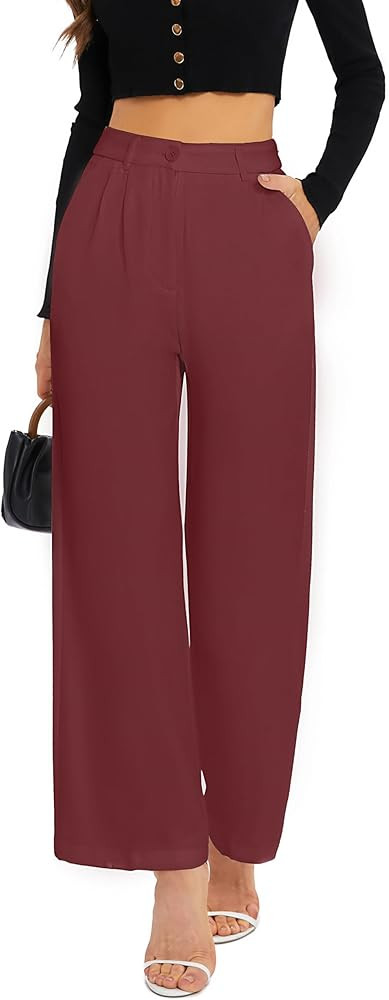 FUNYYZO Wide Leg Pants Women's High Elastic Waisted in The Back Business Work Trousers Long Strai... | Amazon (US)