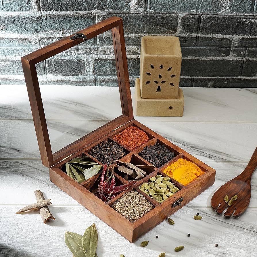 Ajuny Wooden Spice Box 8x8 Inch - Decorative Masala Dabba Organizer with Glass Lid, 9 Fixed Compa... | Amazon (US)