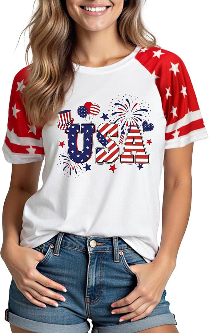 4th of July Shirts Women:USA Color-Blocking Short-Sleeve American Flag Crew Neck Graphic Tee Patr... | Amazon (US)