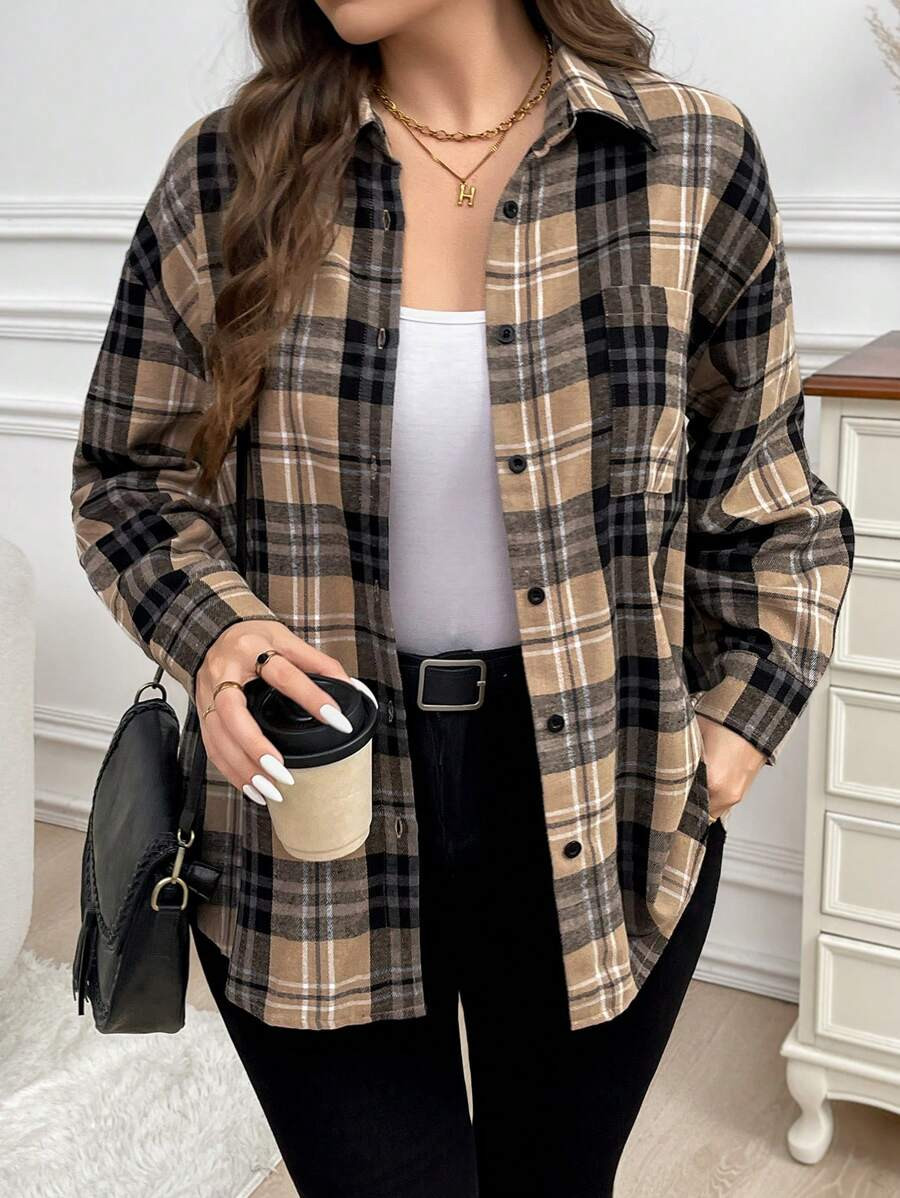 SHEIN LUNE Plus Size Plaid Print Front Button Patch Pocket Casual Long Sleeve Shirt Thanksgiving ... | SHEIN