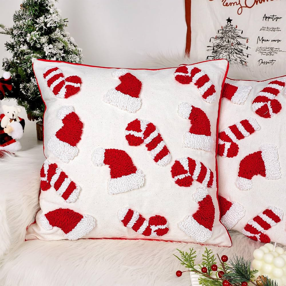 Whaline 2Pcs Christmas Tufted Throw Pillow Covers Red White Xmas Hat Candy Cane Pillow Case Winte... | Amazon (US)