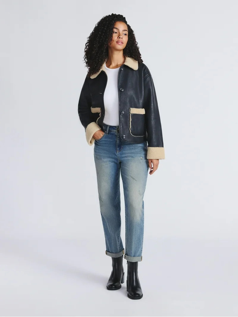 Time and Tru Women's and Women's Plus Bonded Faux Shearling Jacket, Sizes XS-2X | Walmart (US)