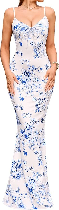 Women's Summer Floral Bodycon Maxi Dress Sexy V Neck Spaghetti Strap Lace Wedding Guest Party Cas... | Amazon (US)