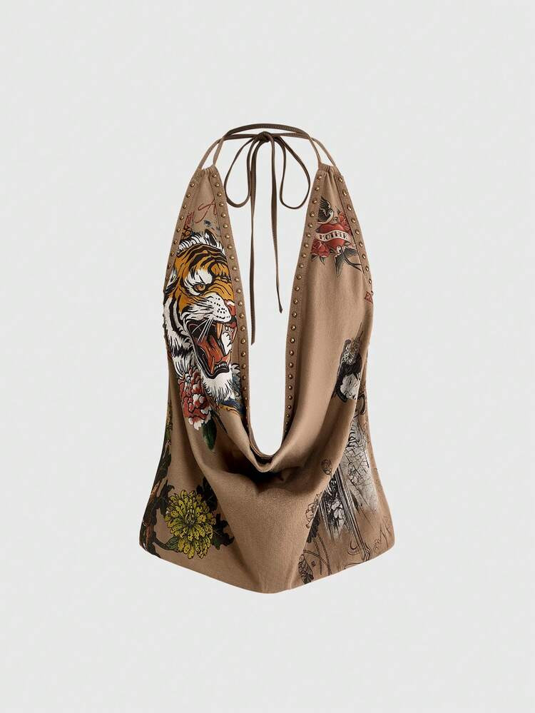 ROMWE Grunge Punk Y2K Vintage Rivet Retro Tiger Head & Geisha Print Rhinestone Sexy Deep Draped N... | SHEIN