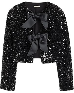 Women's Sequin Jacket Long Sleeve Tie Front Bow Glitter Cropped Tops | Amazon (US)