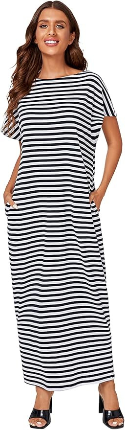 Verdusa Women's Short Sleeve Loose Long Maxi Lounge Dress with Pockets | Amazon (US)