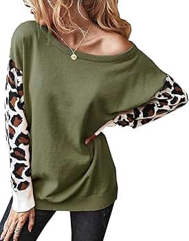 ZESICA Women's Striped Leopard Printed Long Sleeve Color Block Casual Knitted Pullover Sweater Ju... | Amazon (US)