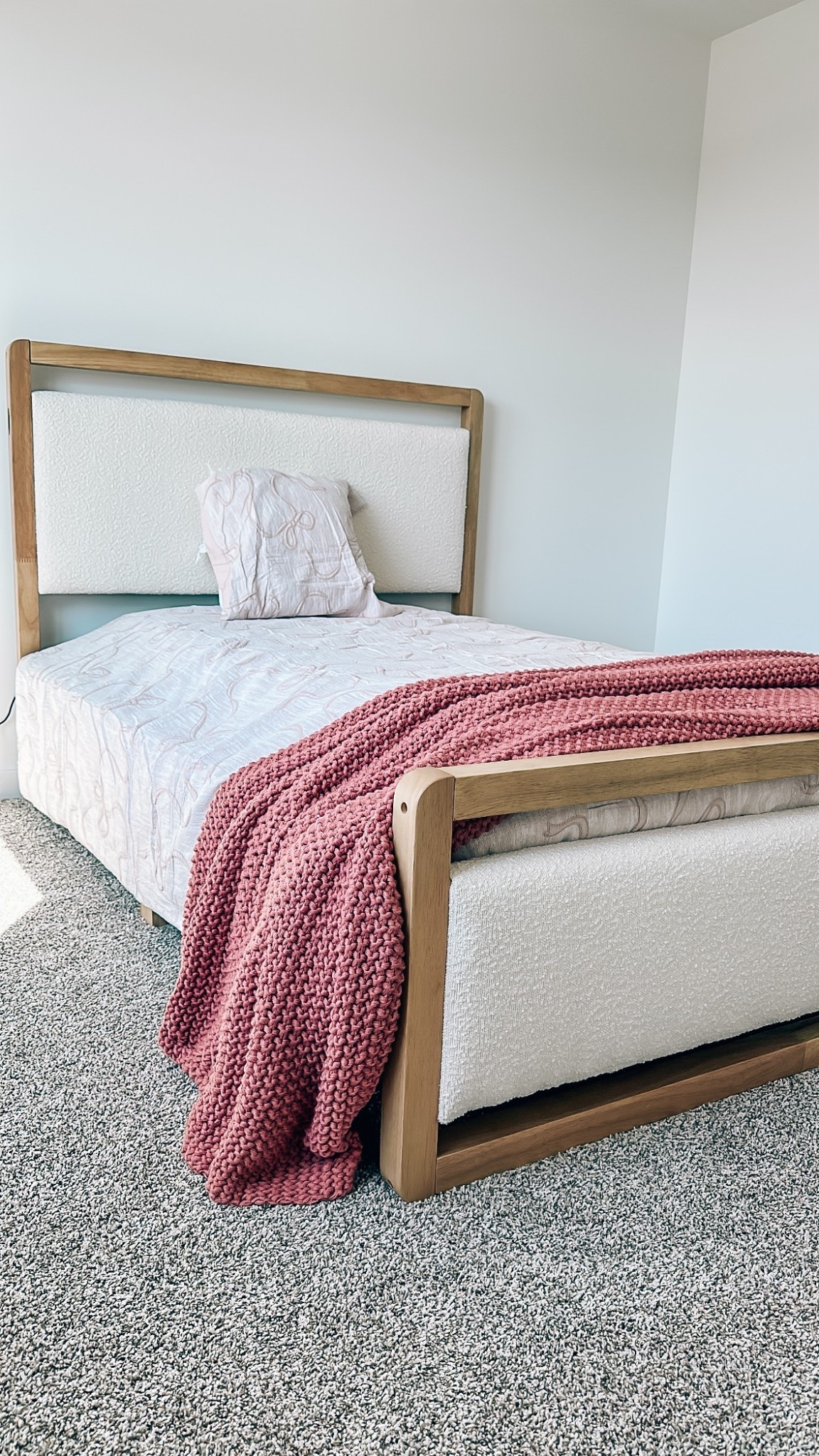 I couldn’t wait to build Liliana’s bed. Even though we don’t have her mattress, pillows, decor yet I wanted to get a little peak of what her bed looks like made!!! It is SO pretty I cannot get over it😭 I love the bed frame. Perfect color of wood and texture on fabric. Her bow bed comforter is the perfect subtle girly touch and the rose knit blanket gives such a nice pop of color. Love everything about her set up😭🫶🏼 

#LTKHome #LTKStyleTip #LTKFamily