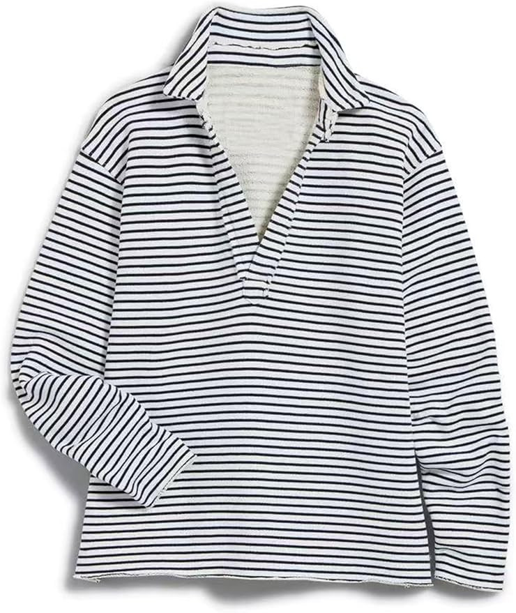 Zontroldy Women's Casual V Neck Pullover Sweatshirt Long Sleeve Solid Color/Stripe Polo Collared ... | Amazon (US)