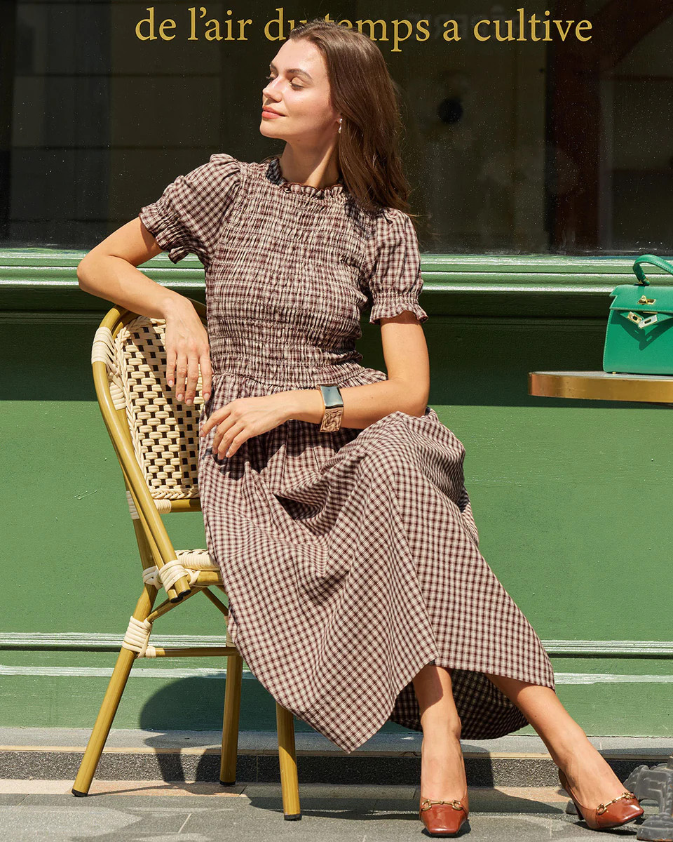 Coffee Plaid Shirred Puffed Sleeve Midi Dress | rihoas.com