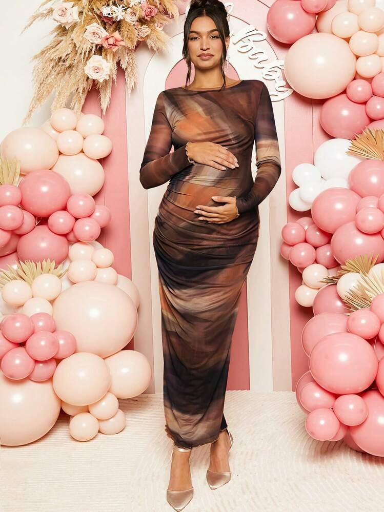 Loomaby Gender Reveal Long Sleeve Dress Pregnant Women Elegant Ruched Mesh Bodycon Long Sleeve Dress, For Maternity Dress | SHEIN