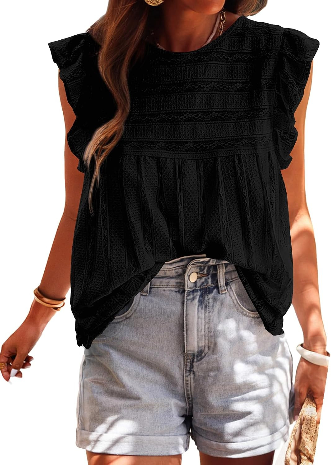PRETTYGARDEN Summer Lace Ruffle Cap Sleeve Blouses for Women Dressy Casual | Amazon (US)