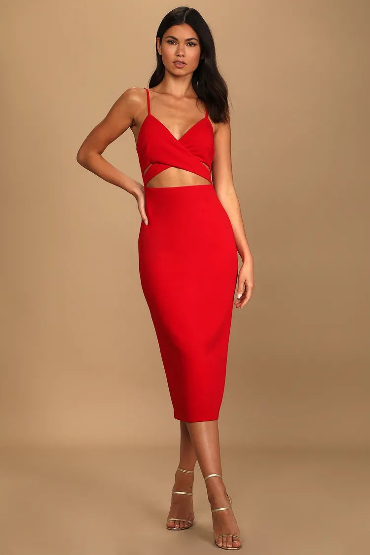 Cross Your Heart Red Surplice Cutout Bodycon Midi Dress | Lulus (US)
