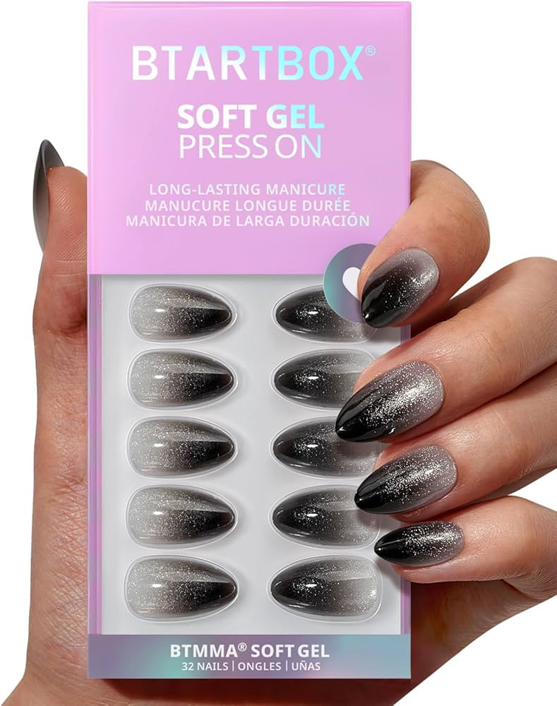 BTArtbox Press On Nails Short - Grave Shine, Sparkle Black Almond Press On Nails with Nail Glue, ... | Amazon (US)