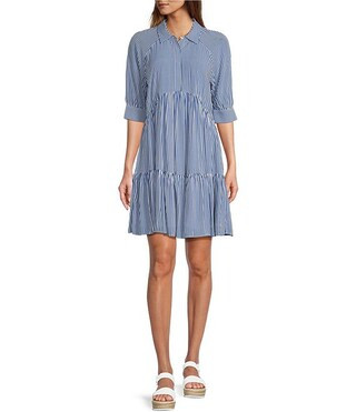 Striped Point Collar 3/4 Cuffed Sleeve Button Front Mini Shirt Dress | Dillard's