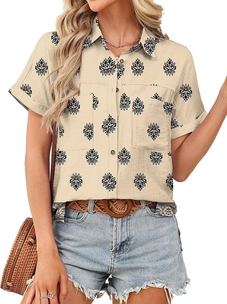 Womens Short Sleeve Summer Shirts V Neck Collared Button Down Shirt Tops Outfits for Work Vacatio... | Amazon (US)