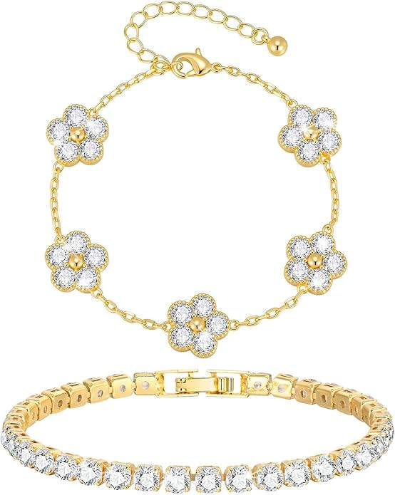 Women's Stackable Gold Flower Bracelets - 14K Gold Plated Four Leaf Floral Tennis Bracelet Set,Tr... | Amazon (US)