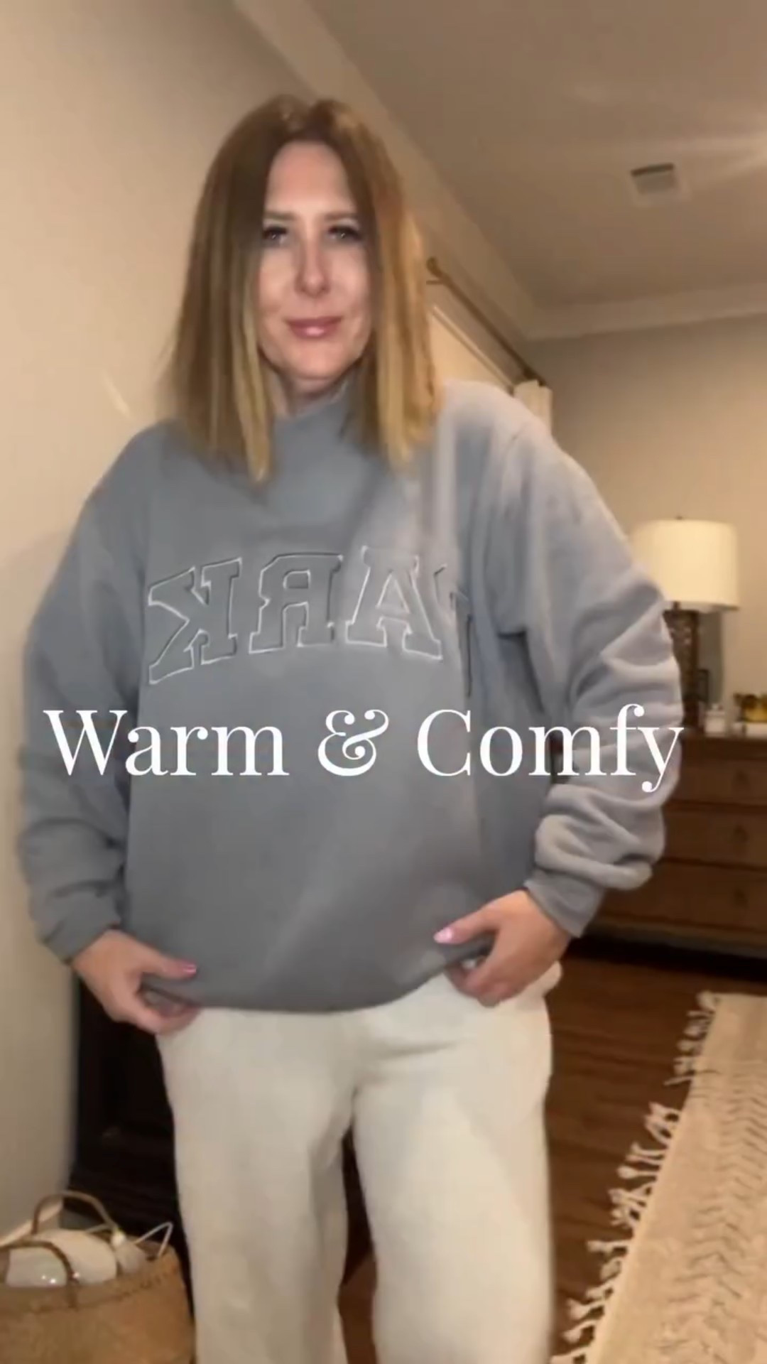 Real life outfit. No filters.✨✨
Comfy , warm and relaxed for these cold snowy days. 

This Parke sweatshirt is so comfy. It has a wide mock neck and a boxy oversized fit. You can size down but it’s made to be big so why not! 
Sweatpants are from Target and so soft. 
Save this for your cozy everyday outfit inspo 🤍
Follow for easy style ideas that actually work in real life.

Comment Comfy for links. 
#CozyMomStyle
#relaxedstyle 
#Over40Style
#EffortlessOutfits
#RealLifeFashion

#LTKdayinmylife #LTKSeasonal #LTKOver40