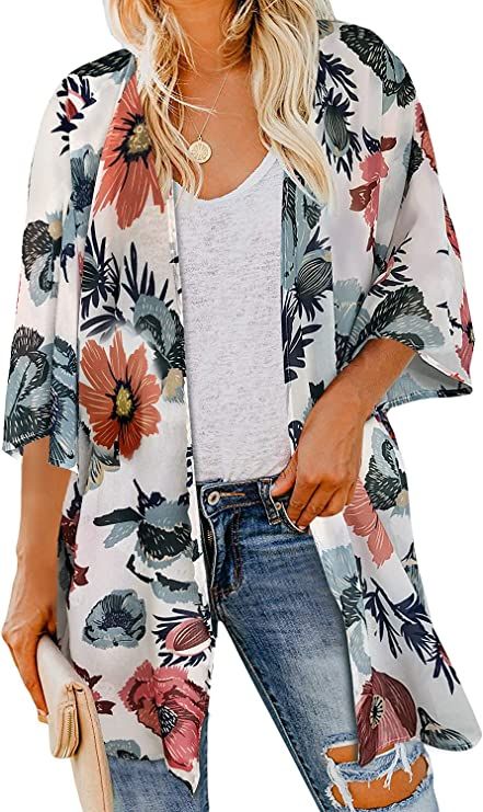 Women's Floral Print Puff Sleeve Kimono Cardigan Loose Cover Up Casual Blouse Tops | Amazon (US)