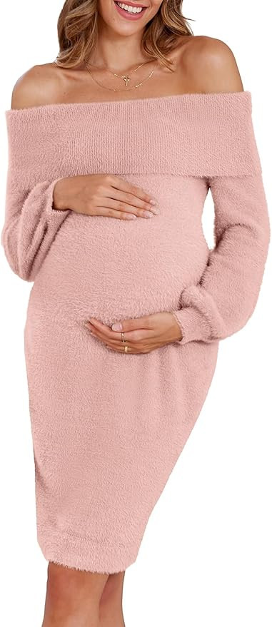 V FOR CITY Maternity Sweater Dress Off The Shoulder Long Sleeve Bodycon Mini Dresses for Baby Sho... | Amazon (US)