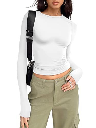 AKEWEI Long Sleeve Crop Tops for Women 2 Pack Fall Going Out Outfits Cute Tight Basic Tees Shirt | Amazon (US)