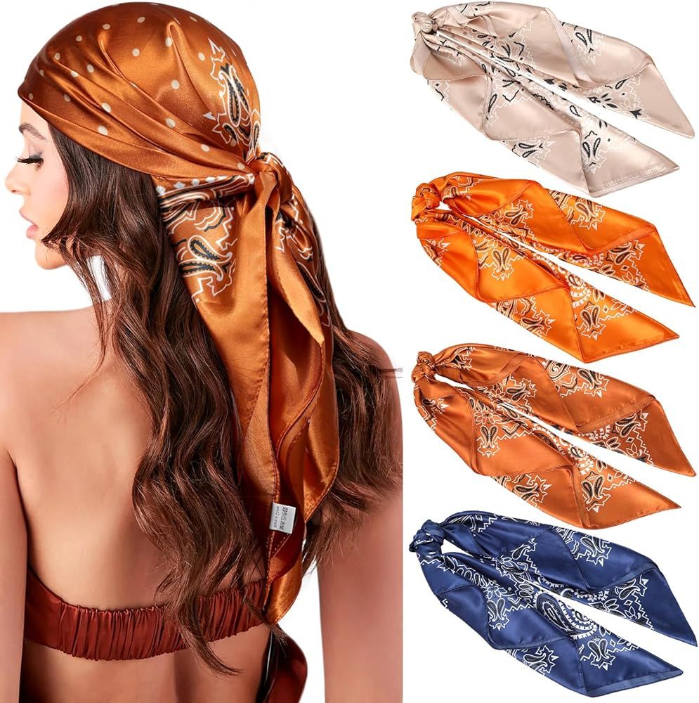 AWAYTR 35" Large Silk Hair Scarf for Women - 4Pcs Satin Head Scarf Square Hair Bandanas Floral Wi... | Amazon (US)