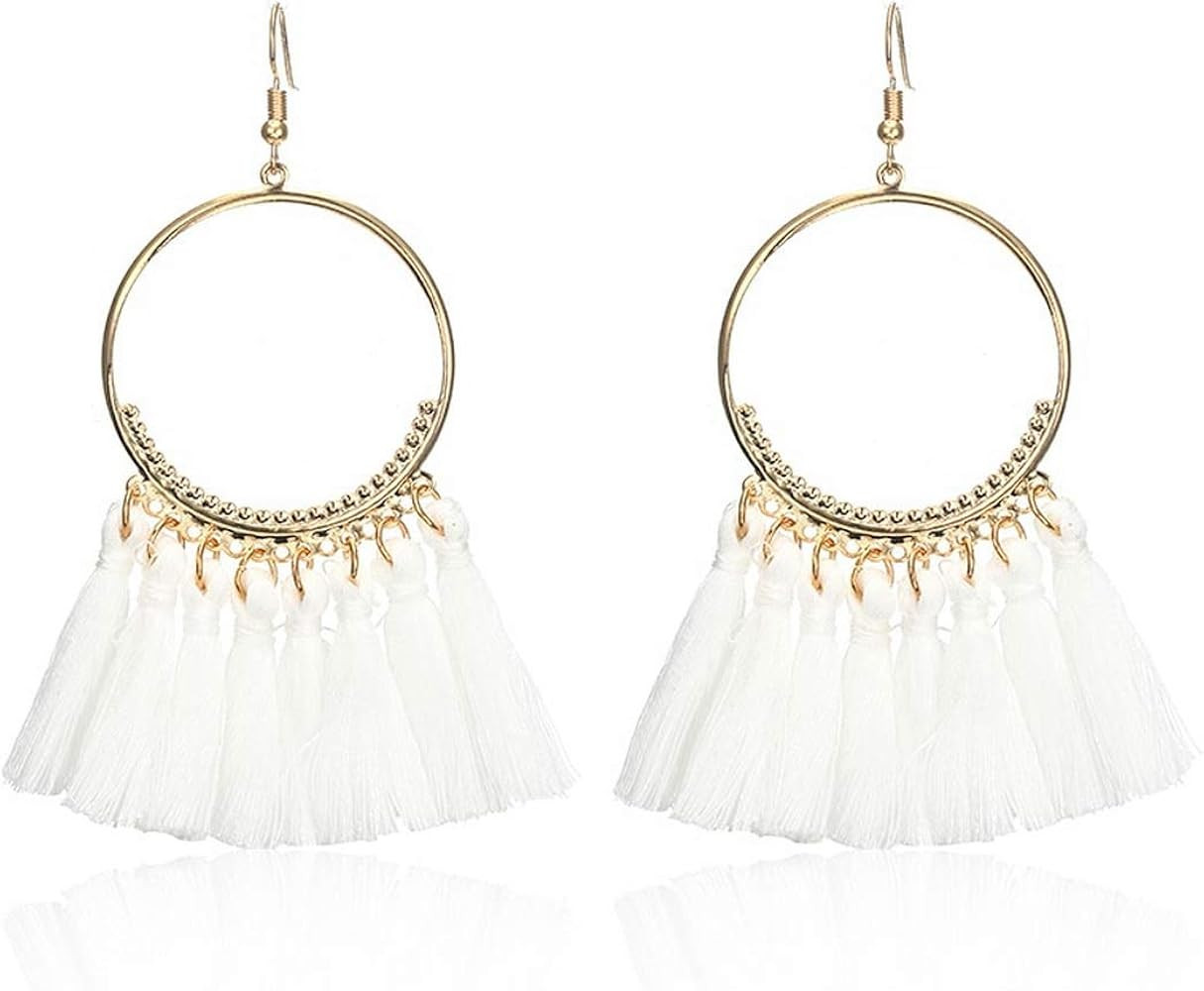 IDB Delicate Fringe Hoop Tassel Earrings with a Large 3 13/16" (3.82" / 98mm) Drop- Small Hoops w... | Amazon (US)