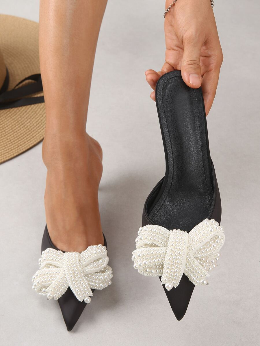 Bow Decor Point Toe Mule Pumps Valentines,Elegant,Party Outfits | SHEIN