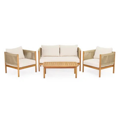 4-Piece Outdoor Sofa Set with Acacia Wood Frame, Teak Look with Beige Rope Panels & Cream Cushions | Wayfair North America