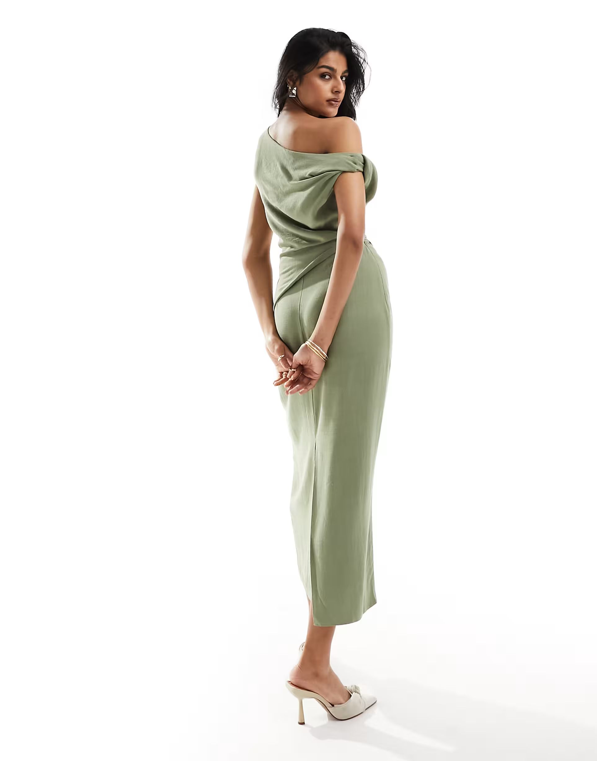 ASOS DESIGN fallen shoulder linen look midi dress with pleat waist in sage | ASOS (Global)